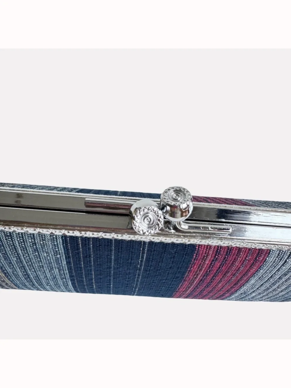 Japanese Striped Cotton Clutch Evening Bag Silver Clasp Formal Purse Handbag New